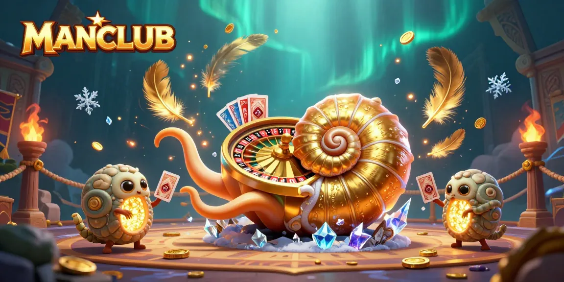 Engage with MANCLUB's thrilling gaming experience featuring an ancient nautilus and glowing ammonites.