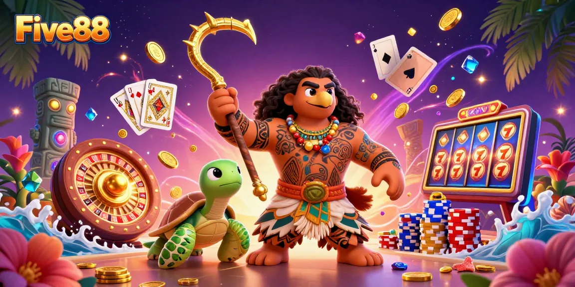 Engage with Five88 casino excitement through a vibrant cartoon depiction featuring dynamic gaming elements.