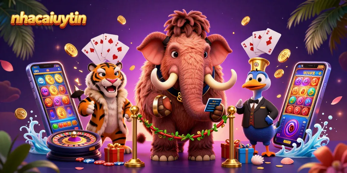 Bet big with nhacaiuytin: Cartoon bouncer checks IDs at casino entry, surrounded by vibrant game elements.