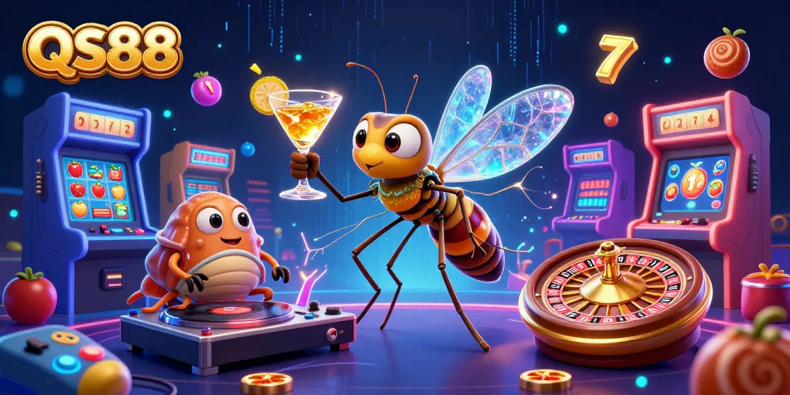 Play exciting casino games with QS88 and win big, featuring an eclectic 3D scene of gaming elements.