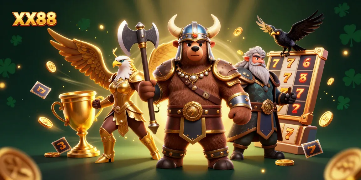Experience thrilling wins at XX88 with an action-packed 3D casino illustration featuring Bears, Eagles, and gold.