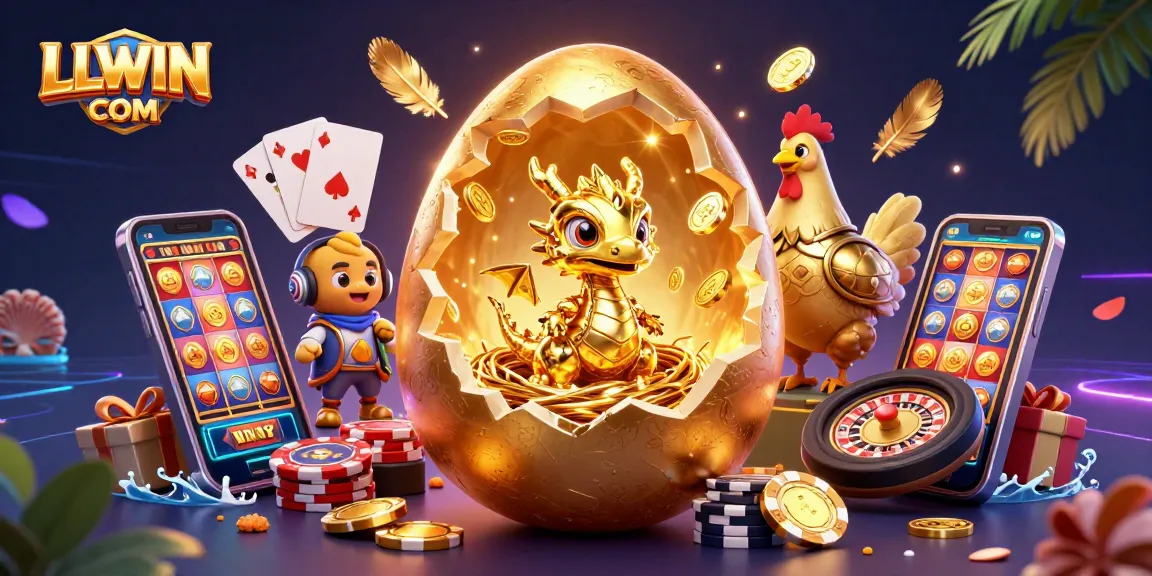 Engage with LLWIN COM as a colossal golden egg cracks open revealing golden treasures at an online casino.