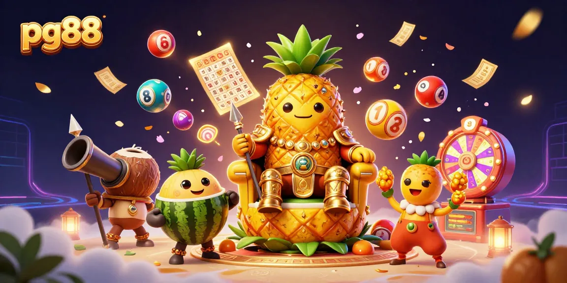 Engage with pg88's vibrant online casino experience featuring a cartoon tropical scene.