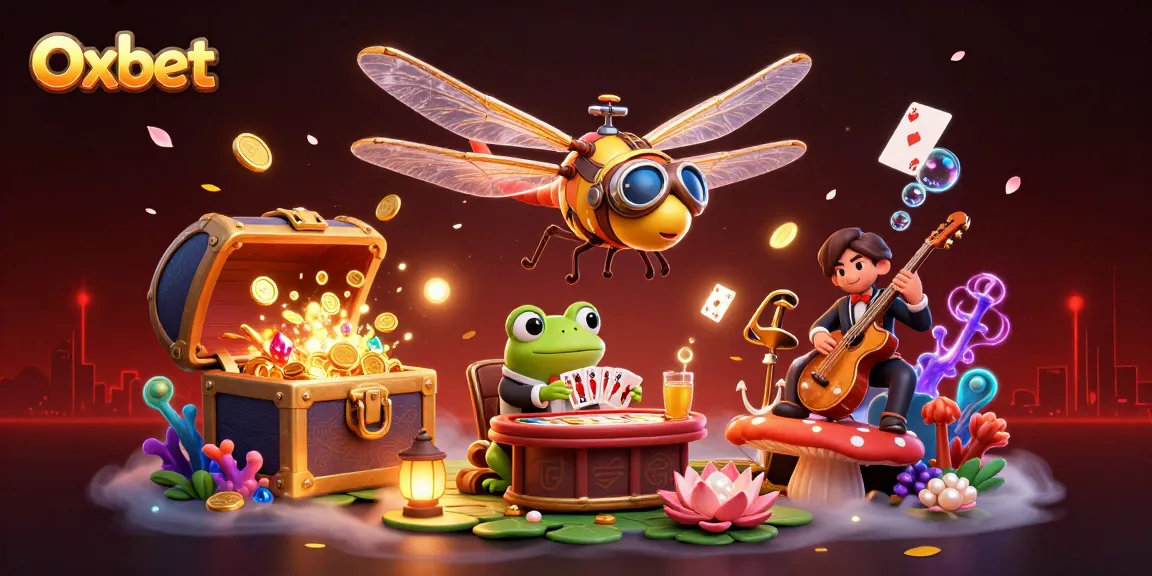 Engage with Oxbet's thrilling gaming experience, featuring a cartoon dragonfly pilot, a frog croupier, and jazz musicians for an immersive casino adventure.