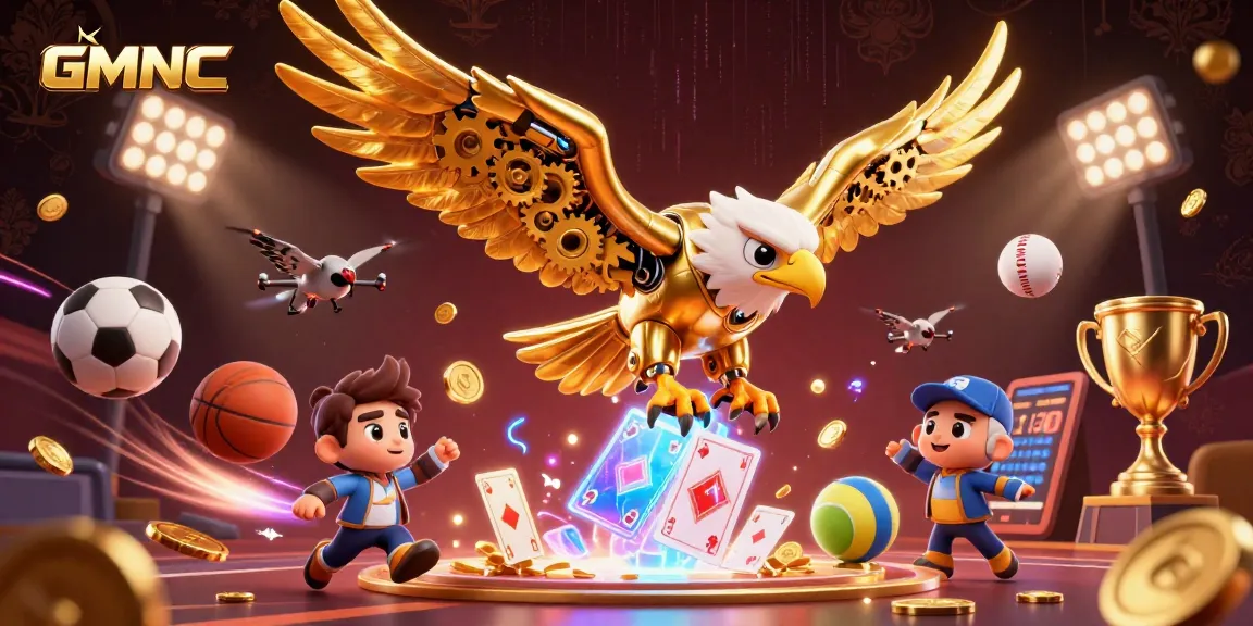 Experience GMNC's vibrant holographic casino scene with a golden eagle and dynamic game elements.