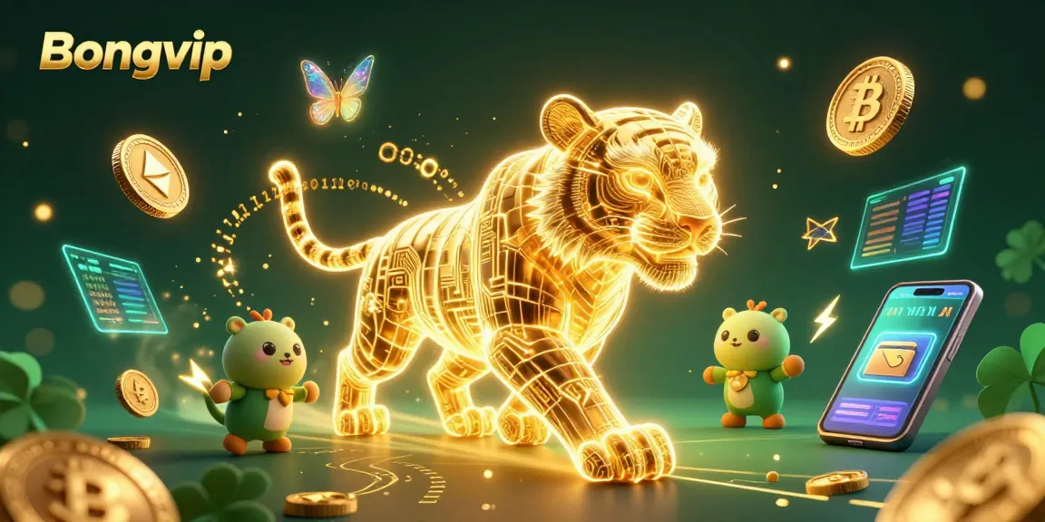 Bongvip showcases a dynamic casino experience with a golden tiger amidst glowing cryptocurrency elements.