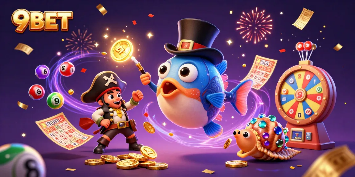 Catch winning moments with 9BET in a vibrant 3D casino scene full of lottery fun.