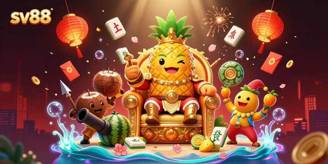Experience sv88's vibrant casino scene with a golden pineapple king and action-filled games.