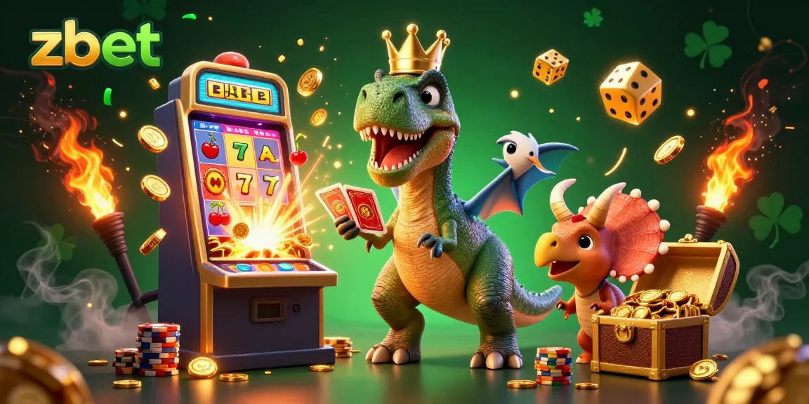 Join zbet's fun-filled casino adventure with a playful T-Rex shuffling cards and friends!