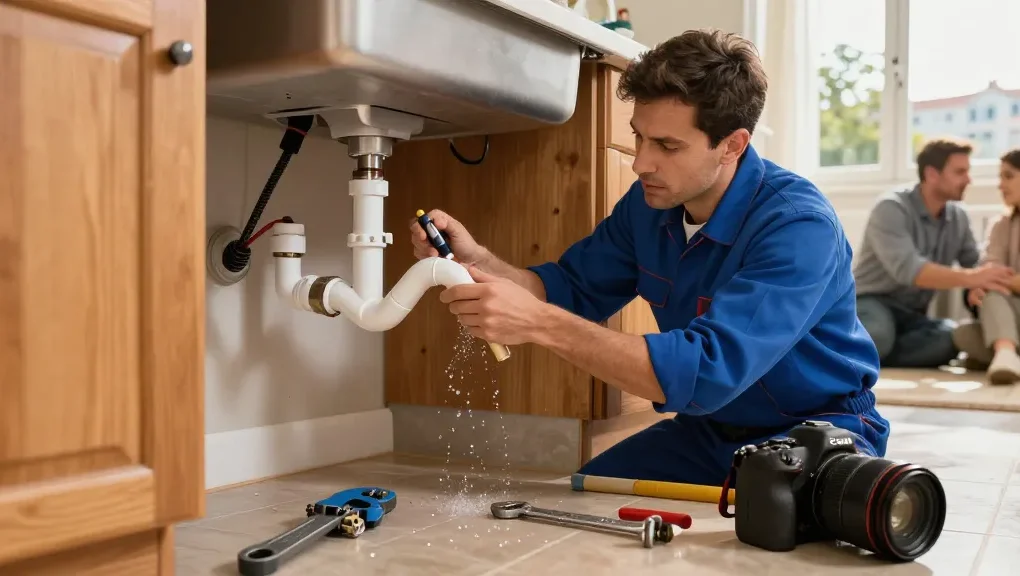 Emergency plumber in London fixing a pipe in a cozy kitchen during a burst pipe incident.