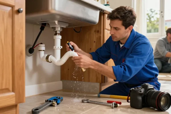 Emergency plumber in London fixing a pipe in a cozy kitchen during a burst pipe incident.
