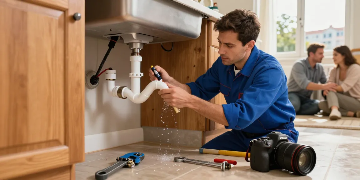 Emergency plumber in London fixing a pipe in a cozy kitchen during a burst pipe incident.