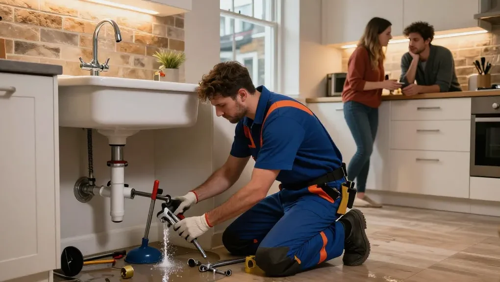 Emergency plumber in London fixing a leak under a kitchen sink with tools scattered around.