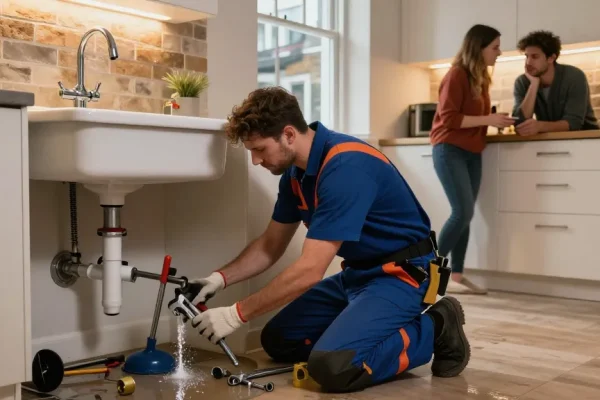 Emergency plumber in London fixing a leak under a kitchen sink with tools scattered around.