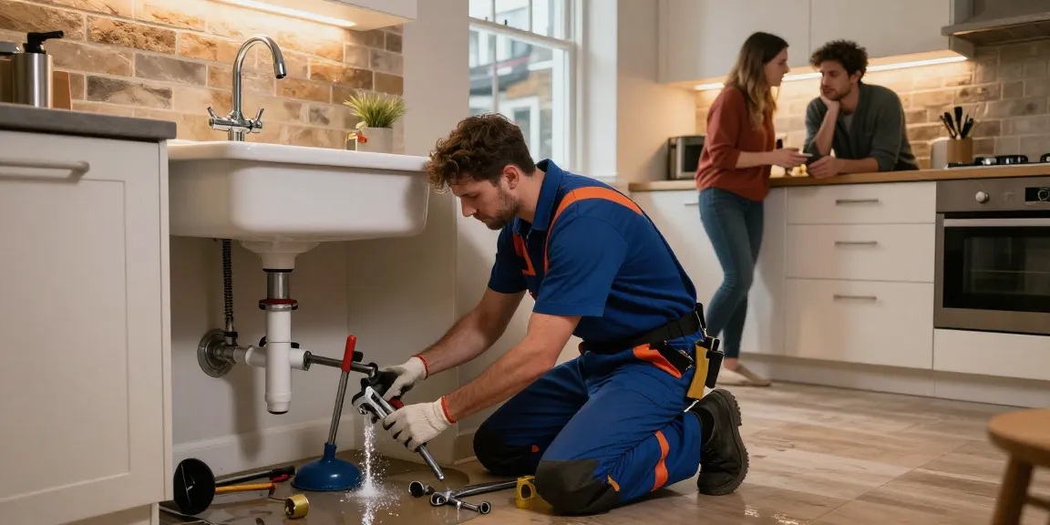 Emergency plumber in London fixing a leak under a kitchen sink with tools scattered around.