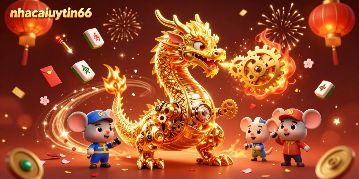 Experience thrilling gaming at nhacaiuytin66 with a vibrant 3D casino illustration featuring a mechanical dragon and festive elements.