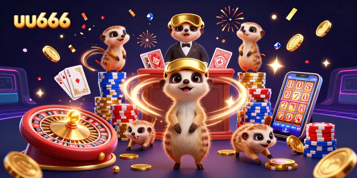 uu666 meerkats in a lively casino scene celebrating big wins with chips and cards.
