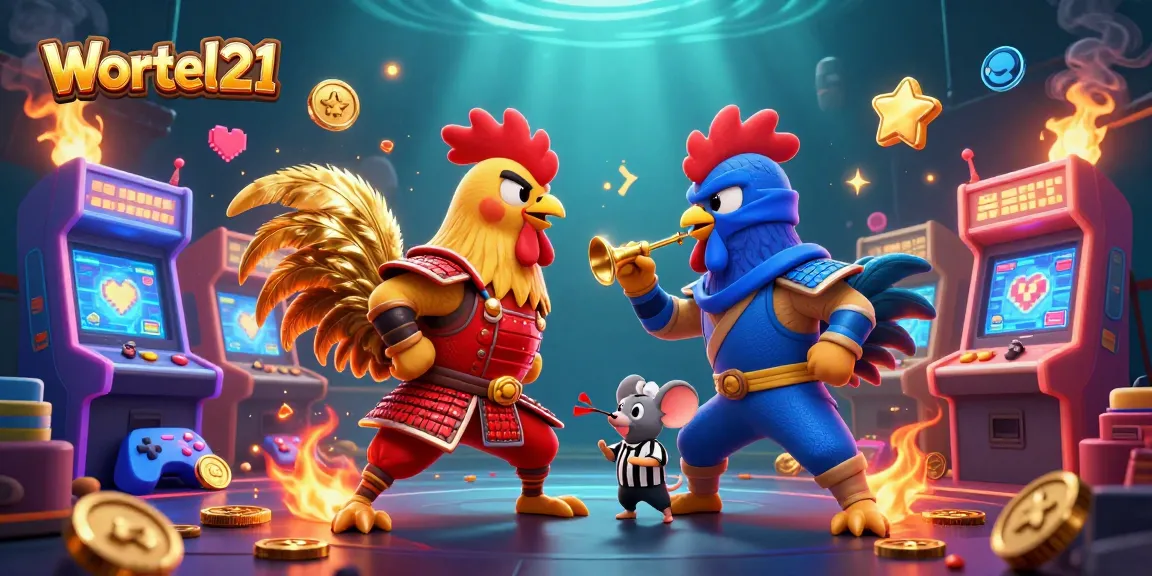 Wortel21 roosters face off in a colorful casino scene filled with game elements.