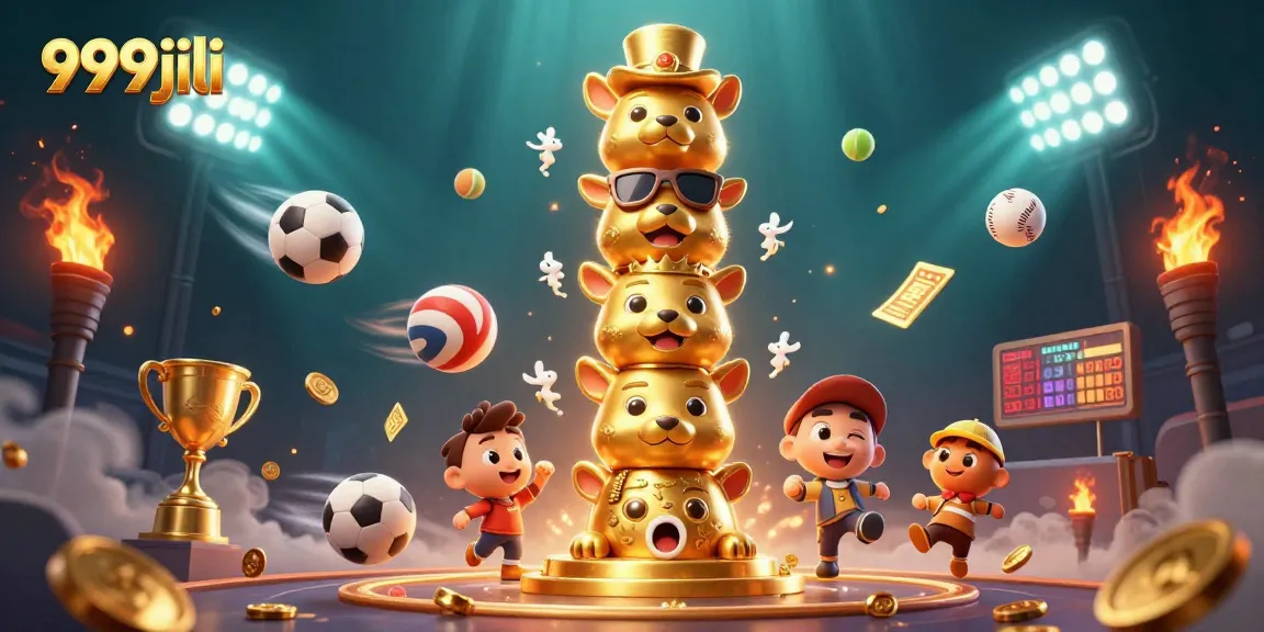 Engage with 999jili as vibrant cartoon characters and sports elements create a dynamic casino atmosphere.