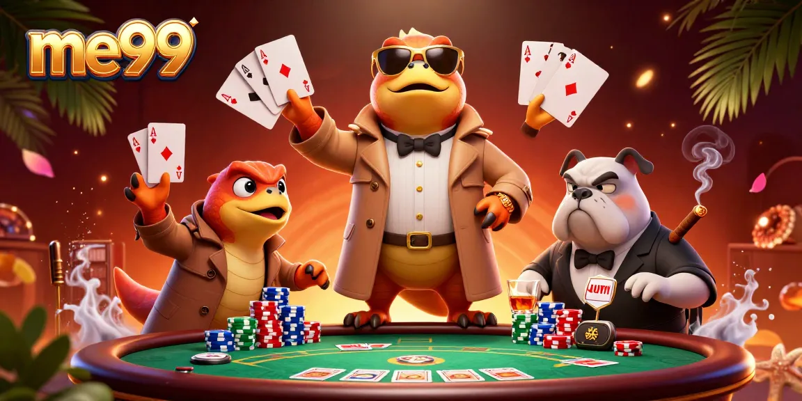 Experience the excitement of me99 with raptors in a trench coat entering a casino, poker elements around.
