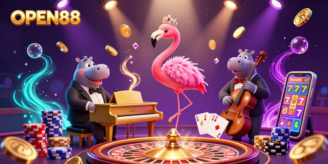 Experience the vivid energy of OPEN88 with a lively casino scene showcasing cartoon characters performing music and spilling coins.
