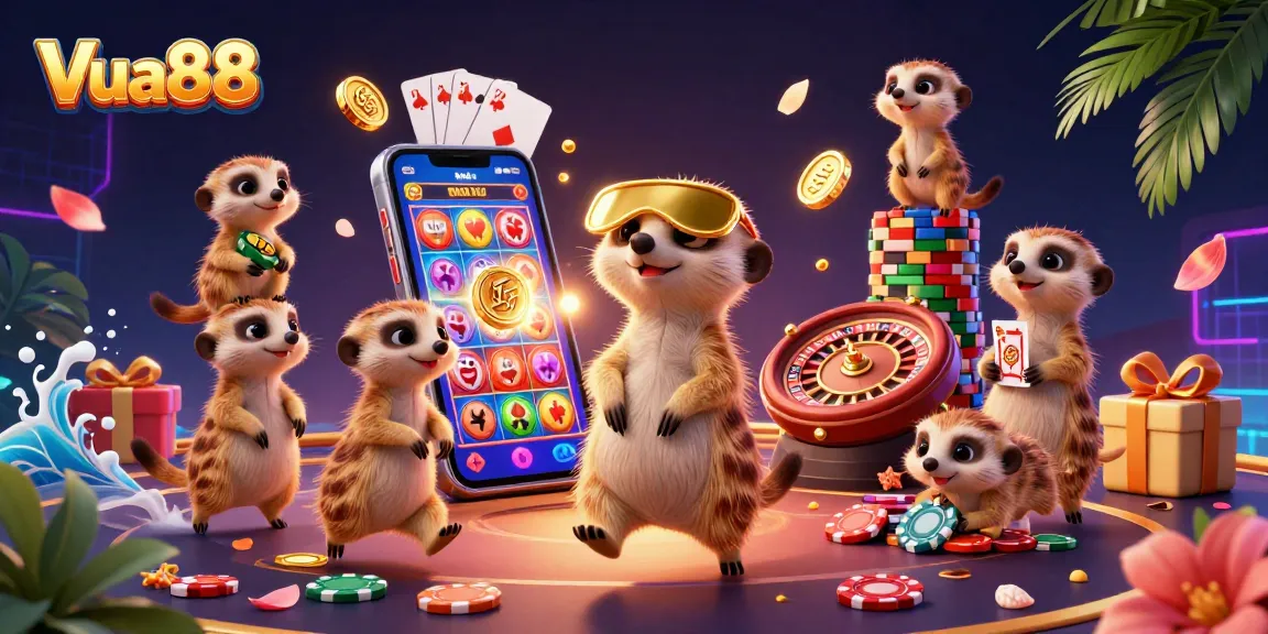 Engage with Vua88's thrilling casino scene featuring meerkats in action with vibrant game elements.