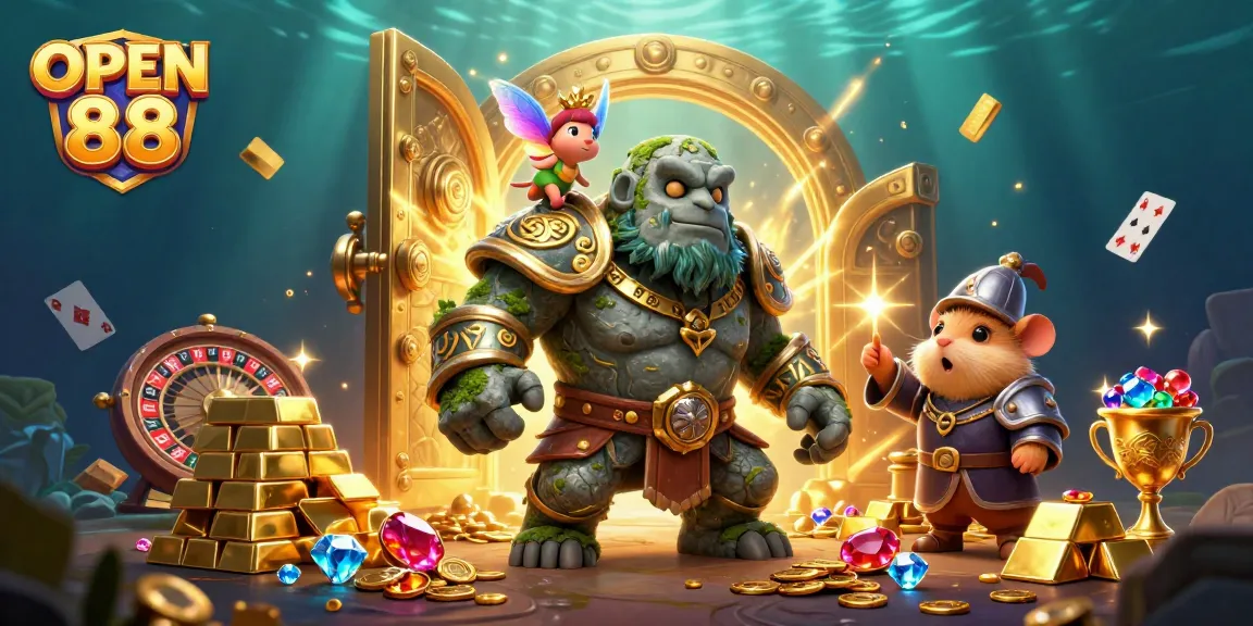 Engage in the excitement of OPEN 88 as the golem guardian and fairy cast magic amidst treasure and casino games.