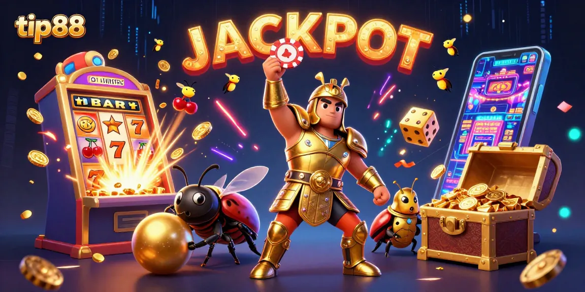 Join the excitement at tip88 as jackpot-winning characters celebrate in a vibrant casino scene.