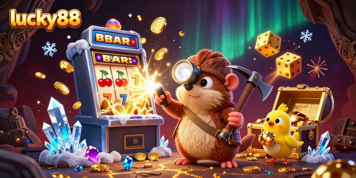Experience the thrill of winning on lucky88 with a dynamic treasure hunt scene filled with gold coins and slot symbols.