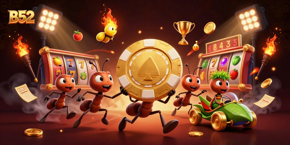 B52 showcases a thrilling heist scene with ants and gaming elements in a vibrant casino atmosphere.