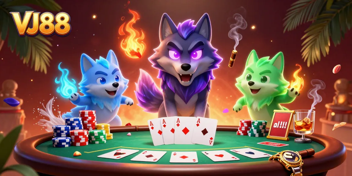 VJ88 poker scene featuring a shadow wolf leader and ghostly companions surrounded by vibrant casino elements.
