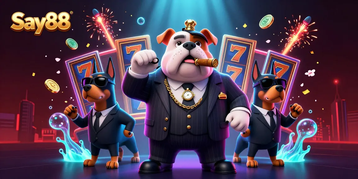 Spin to win at Say88, featuring a mafia boss and Doberman bodyguards in a vibrant casino scene.