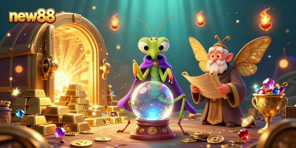 Engage with new88 through a mystical scene featuring whimsical characters amidst treasure elements.