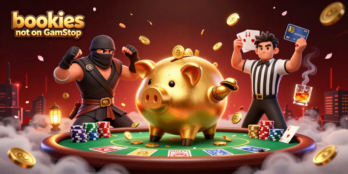 Action-packed scene with bookies not on GamStop featuring a golden piggy bank and colorful poker elements.