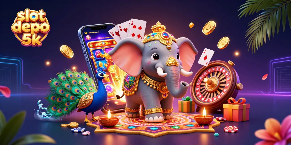 Experience the excitement of slot depo 5k with a vibrant 3D scene showcasing an elephant and peacock.