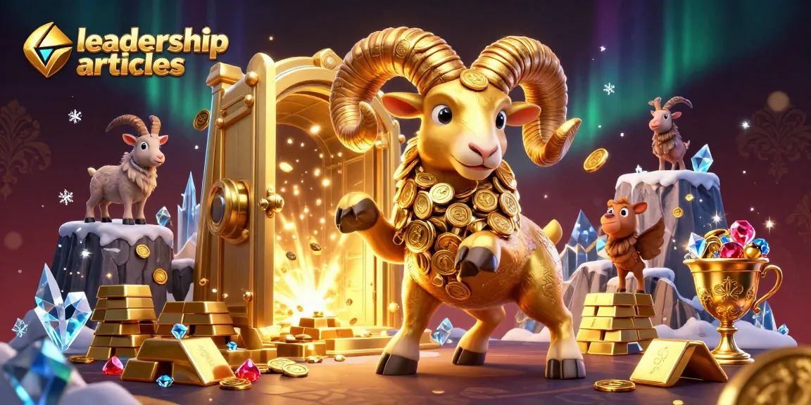Engage with leadership articles through a vibrant 3D casino-themed illustration of a charging golden ram.