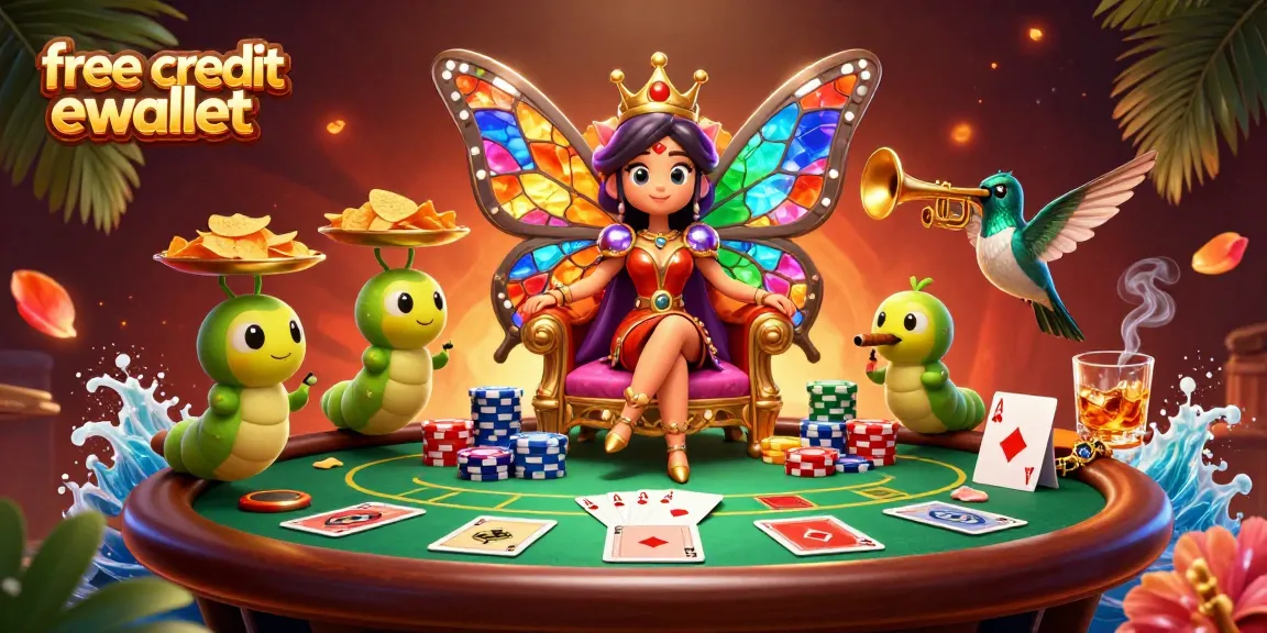 Engage with free credit ewallet offers at a vibrant poker-themed casino scene.