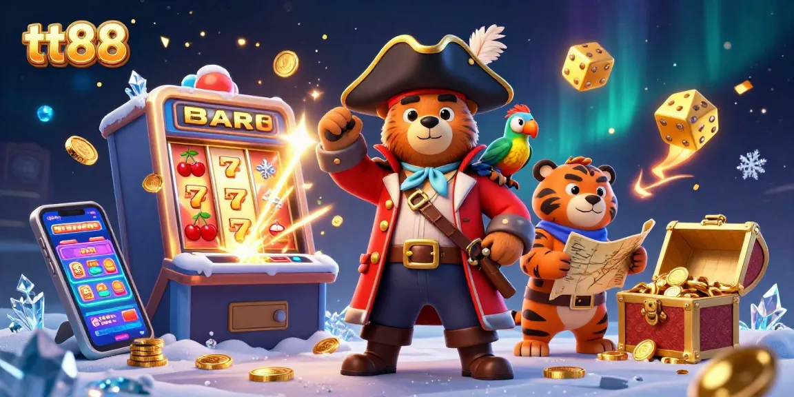 Engage with tt88's thrilling scene featuring a pirate bear, tiger, and treasure amidst casino action.