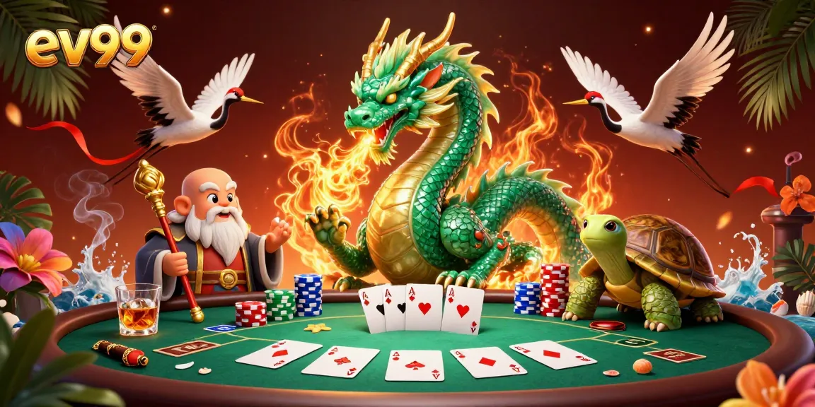 Experience thrilling action at ev99 with an emerald dragon and poker elements in a vibrant casino scene.
