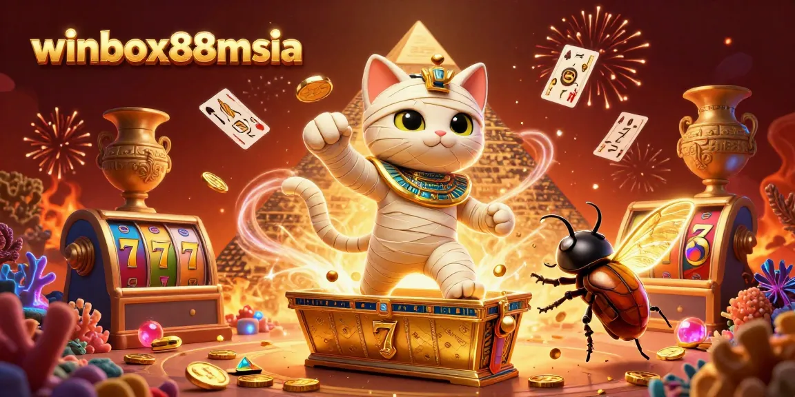 Winbox88msia showcases an exciting 3D illustration of a mummy cat, integrating vibrant casino elements in a dynamic scene.