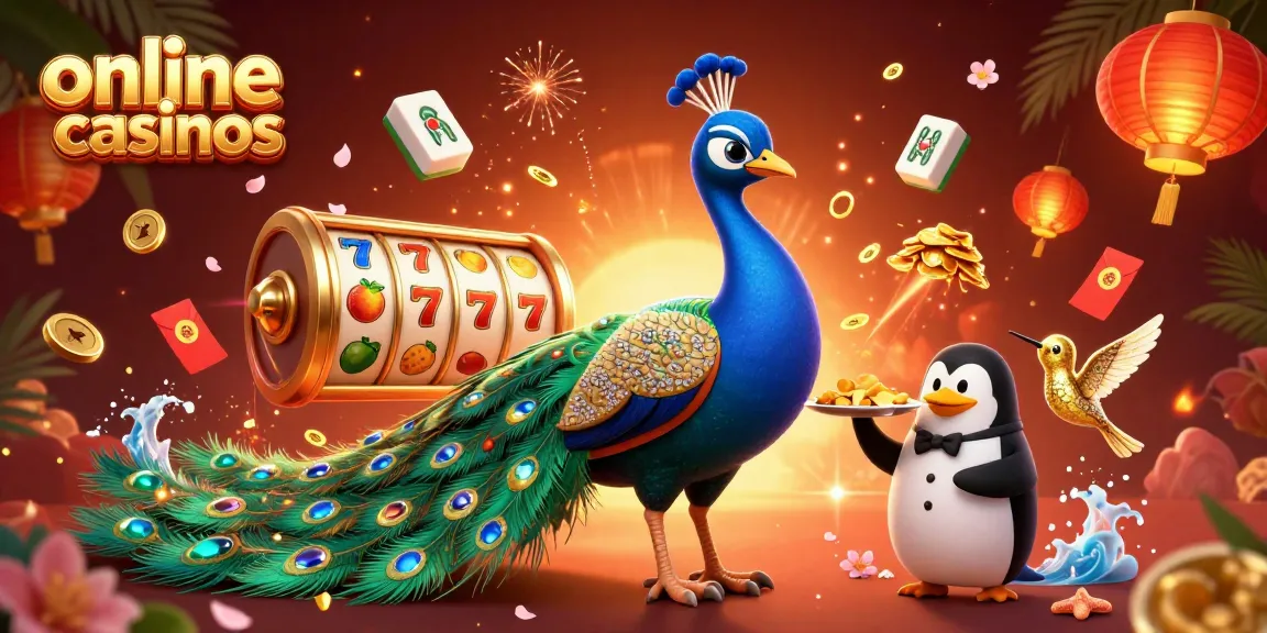 Experience vibrant online casinos with a peacock, chips, and dynamic slot reels illustration.