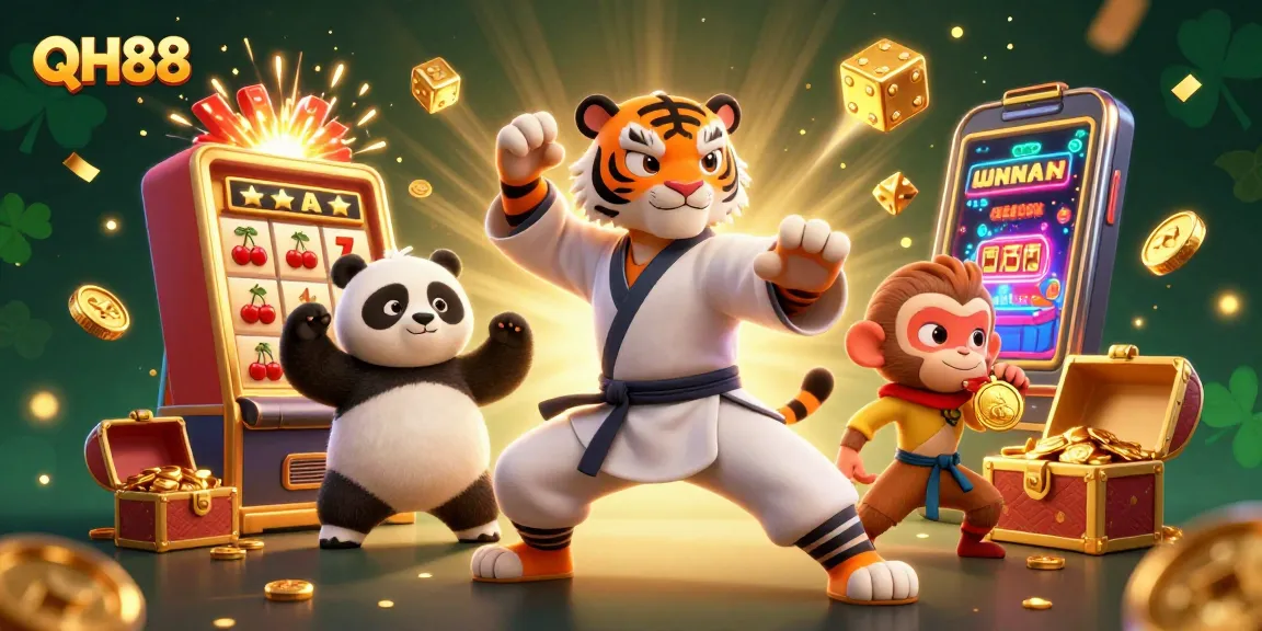 Play exciting casino games at QH88 with a vibrant illustration of characters and jackpot elements.