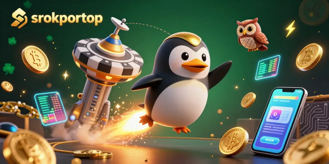 Join the adventure at srokportop with a golden penguin flying toward a casino space station.