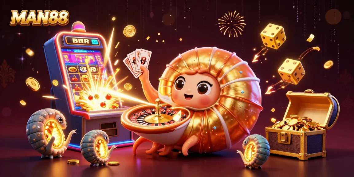 Experience the thrilling games at MAN88, featuring a giant nautilus roulette wheel with glowing ammonites!