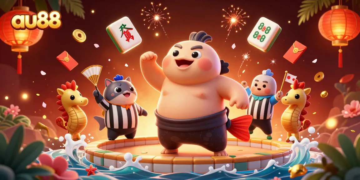 Experience vibrant gameplay at AU88 with a 3D illustration of fugu in a sumo match surrounded by festive elements.