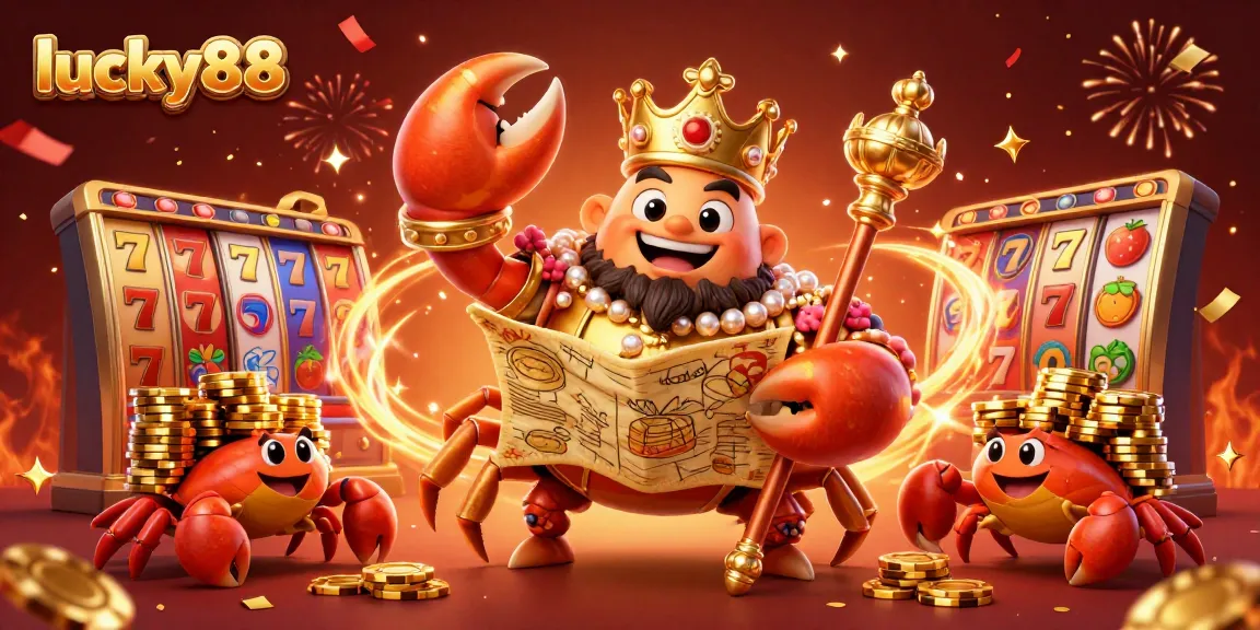 Experience excitement at lucky88 with a golden crab emperor leading a vibrant casino scene filled with slot reels and confetti.