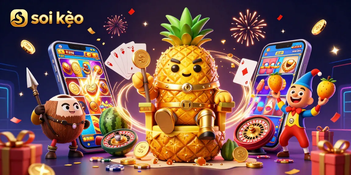 Engage with dynamic soi kèo gambling elements featuring a vibrant golden pineapple king in a lavish casino scene.