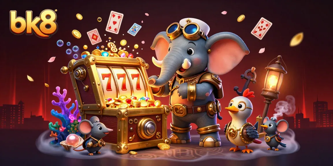 Experience thrilling gameplay with bk8, as the steampunk elephant operates the golden slot machine amidst treasures.