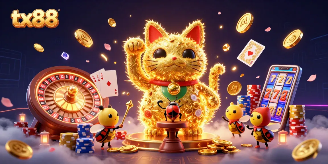 Experience thrilling gaming with tx88's vibrant golden lucky cat casino illustration.