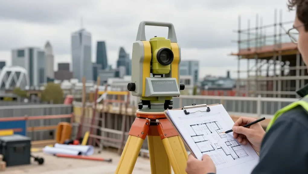 Measured building surveys uk with professional surveyor using equipment at construction site.